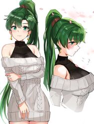 1girls arm_under_breasts blush breasts clothed clothing earrings female female_only fire_emblem fire_emblem:_the_blazing_blade green_eyes green_hair halterneck large_breasts long_hair looking_at_viewer lyn_(fire_emblem) ormille ponytail solo standing sweater sweater_dress tied_hair tight_clothing