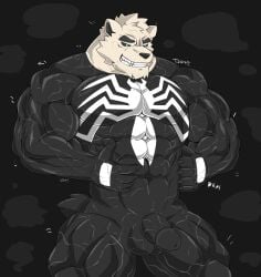 5_fingers abs anthro anthro_only aroused balls bear big_muscles duo fingers genitals goo_transformation hi_res huge_muscles looking_down male male/male male_only mammal marvel muscular narrowed_eyes pecs penis polar_bear roulga sharp_teeth submissive submissive_male suit_transformation symbiote takeover teeth tight_fit transformation ursine vein veiny_muscles veiny_penis venom_(marvel)