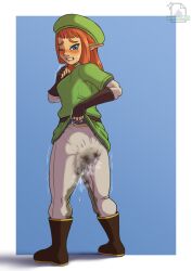 1girls ass ass_focus blue_eyes green_hat green_tunic grey_pants grossyjpeg karane light-skinned_female light_skin omorashi orange_hair peeing scat shit skyward_sword the_legend_of_zelda urine