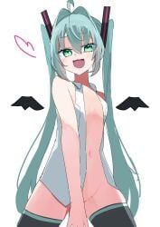 1girls arm_behind_back blue_eyes blue_hair blush eye_contact hair_ornament hatsune_miku long_hair looking_at_viewer low-angle_view low_view open_mouth partially_clothed pov shaded small_breasts thighhighs thighs vest vocaloid yatsuwo_emiya