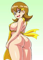 1girls 5-volt apron ass big_ass big_breasts breasts brown_eyes brown_hair bubble_butt clothing dat_ass erect_nipples female female_only hi_res highres human lewdamone mario_(series) milf mostly_nude naked_apron nintendo no_bra no_panties short_hair simple_background smile solo standing sweat tagme voluptuous wario_(series) warioware yellow_clothing