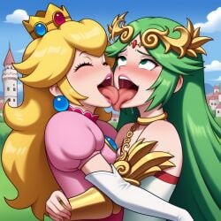 2d ai_generated bad_art drooling kid_icarus kid_icarus_uprising kissing mario_(series) palutena princess_peach super_mario_bros. tongue_kiss