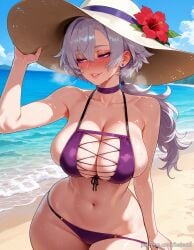 ai_generated azur_lane balecxi bare_shoulders beach blush cleavage collarbone day earrings female flower hair_between_eyes hat_flower jewelry large_breasts long_hair navel ocean outdoors parted_lips patreon_username purple_bikini purple_choker purple_eyes reno_(azur_lane) sideboob skindentation sky smile solo stomach sun_hat swimsuit