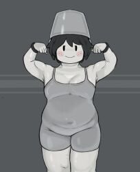 2d black_hair bucket bucket_hat buckethead_(character) chubby chubby_female cute fat flexing flexing_arms freckles freckles_on_face gray_skin original_character plump roblox salchipapaasada sportswear thighs