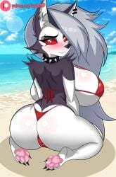 anthro arm_tuft ass bikini black_nose blush blush_lines butt_focus canid canid_demon canine cheek_tuft clothing collar demon eyebrow_piercing eyebrow_ring eyebrow_through_hair eyebrows eyelashes facial_piercing facial_tuft female female_anthro fur gradient_sky grey_body grey_ears grey_fur grey_hair grey_tail hair hair_over_eye half-closed_eyes head_turned hellhound helluva_boss huge_breasts long_hair looking_back loona_(helluva_boss) mammal multicolored_body multicolored_fur mythological_canine mythological_creature mythology narrowed_eyes patreon patreon_logo piercing presenting presenting_hindquarters prick_ears pupils purple_sky raydonxd rear_view red_sclera red_solo_cup ring_piercing sand shoulder_tuft snout solo spiked_collar spikes swimwear tail text thigh_gap tuft two_tone_body two_tone_fur two_tone_tail url white_body white_eyes white_fur white_inner_ear white_tail