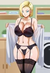 ai_generated android_18 big_breasts blonde_hair dragon_ball dryer earring lacy_bra lacy_panties laundry_room lingerie pinkpawg pinkpawg(artstyle) removing_clothing shelves short_hair slim_waist taking_clothes_off thick_thighs thighhighs