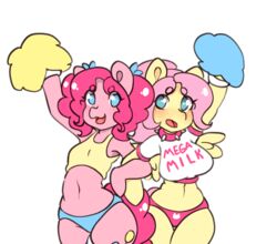 2018 animated blue_eyes blue_panties cheerleader crop_top cutie_mark fluttershy_(mlp) large_breasts mega_milk meme_attire midriff my_little_pony navel panties pink_hair pink_panties pinkie_pie_(mlp) pom_poms print_panties spiked_collar straight_hair tolsticot white_background