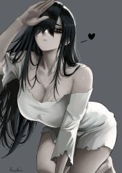 1girls artist_name artist_signature bangs bending_forward black_hair breasts cleavage clothing curvaceous curvy curvy_body curvy_female exposed_shoulders female female_only ghost ghost_girl grey_background heart kalennoir long_hair looking_at_viewer messy on_knees pale_skin red_eyes ripped_clothing sadako_yamamura solo solo_female the_ring undead