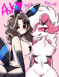 2girls cosplay eeveelution female female_only furry fusion heart heart-shaped_pupils human humanoid looking_at_viewer lycanroc midnight_lycanroc ness_(nic-m-lyc) nic-m-lyc nicole_(nic-m-lyc) nintendo nipple_tape nipples pasties pink_eyes pokémon_(species) pokemon pokemon_(cosplay) pokemon_sm pussy tape umbreon umbreon_(cosplay) video_games