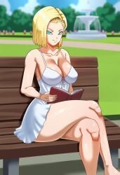 ai_generated android_18 android_18_(pinkpawg) bench big_breasts blonde_hair book bwcb4at cleavage dragon_ball fountain huge_breasts legs_crossed pinkpawg pinkpawg(artstyle) public short_hair sitting_down sundress thick_thighs