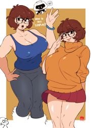 1boy artist_self-insert breasts brown_hair cleavage commentary cosplay covered_erect_nipples covered_navel english_commentary english_text female glasses highres large_breasts look-alike looking_down mei_(overwatch)_(cosplay) miniskirt multiple_views orange_sweater original overwatch overwatch_2 plump red_skirt robot scooby-doo short_hair skirt snowball_(overwatch) snowcie snowciel snowciel_(snowcie) sweater tank_top velma_dinkley_(cosplay) waving wind wind_lift