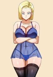 ai_generated android_18 annoyed arms_crossed belly_button big_breasts blonde_hair bwcb4at dragon_ball earring lingerie nightgown pinkpawg pinkpawg(artstyle) see-through short_hair slim_waist thick_thighs thighhighs thong