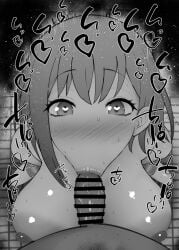 1boy 1girls :>= bang_dream! bare_shoulders big_breasts big_penis black_and_white blush censored dark-skinned_male dark_skin detailed_background drooling erect_nipples eyelashes fellatio female female_focus heart heart-shaped_pupils human indoor inside interracial kurotama looking_at_viewer male male_pov oral oral_sex room saliva shiny shiny_skin short_hair sketch skirt sound_effects squatting sweat takamatsu_tomori text vein veins veiny veiny_penis