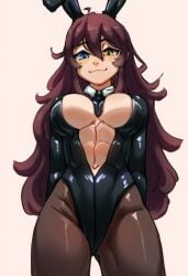 abs ai_generated blush bunny_ears bunnysuit cleavage clothed hips hismajestyii large_breasts looking_at_viewer novelai original playboy_bunny seiko_tanaka_(hismajestyii) smile smug smug_face smug_smile thighs toned toned_female wide_hips