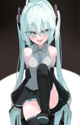 1girls armwear big_eyes black_thighhighs blue_eyes blue_hair blush eye_contact fully_clothed hatsune_miku lifting_leg long_hair looking_at_viewer pov skirt smile stage_lights thick_thighs thighhighs thighs yatsuwo_emiya