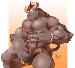 abs bovine bulge clothing daikitei facial_hair goatee gyumao hair horn male male_only mammal masturbation nipple_pinch nipples pecs penis penis_base pinch red_hair speedo swimsuit tokyo_afterschool_summoners