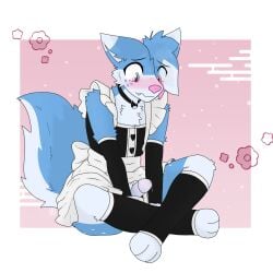 1:1 anthro bell bell_collar blush canid canine clothing collar femboy fox genitals hi_res kariwolf197 legwear maid_uniform male mammal penis skyler(pm) solo stockings uniform