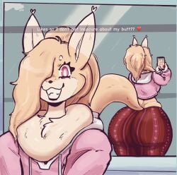 anthro ass big_ass big_butt big_tail blonde_hair bottomwear canid canine caption cheek_tuft clothing dewlap_(anatomy) facial_tuft fat_ass female fluffy fluffy_tail forbidden_pants fox fur furr_oritsu furry furry_only hair hi_res huge_ass huge_butt huge_hips huge_tail huge_thighs l0ad1ng long_hair mammal mirror mirror_reflection mirror_selfie pants pink_eyes reflection selfie solo tail teeth thick_thighs tight_bottomwear tight_clothing tight_fit tuft wide_hips yellow_body yellow_fur