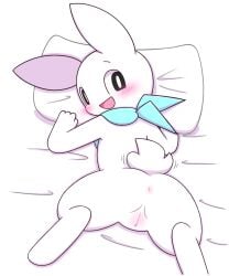 5:6 anthro ass blush bodily_fluids bubbluechy clitoral_hood clitoris featureless_chest female flat_chested fur genitals hi_res imminent_sex kemono lagomorph leporid looking_pleasured lying mammal mostly_nude nude on_back one_eye_closed rabbit rear_view scarf scarf_only silly simple_background smile solo sweat tongue tongue_out touching_pussy vaginal_penetration vulva white_background white_body white_fur