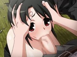 1boy animated animated black_hair blush breasts censored fellatio female hand_on_head irrumatio kate_sai looking_at_viewer mosaic_censoring oral pants penis pov red_eyes shinju_no_ketsu_hen_ayamachino_nichi straight tears