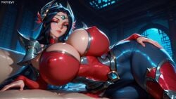 ai_generated black_hair blue_eyes breasts erect_nipples female female female_only hair_ornament huge_breasts irelia_xan league_of_legends long_hair looking_at_viewer meropyx solo solo_female wide_hips