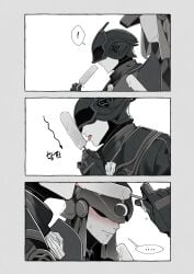 ! ... 2boys blush bondrewd covered_eyes gay gueira helmet made_in_abyss male male_only mask mask_lift mask_on_head monochrome open_mouth phallic_symbol popsicle sexually_suggestive shaded_face simulated_fellatio spes_2323 sweat yaoi