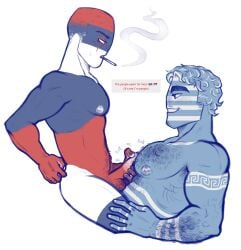 big_pecs big_penis body_hair countryhumans foreskin foreskin_folds gay greece_(countryhumans) happy_trail kingofkinks male/male male_only masturbation muscles muscular_male national_personification pubic_hair serbia_(countryhumans)