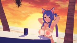 1girls 2022 3d ahoge areolae arms_up beach big_areola bikini bikini_lift blue_hair breasts cat_ears catgirl collar deluxe_rosie female female_only hands_behind_head huge_breasts indie_virtual_youtuber long_hair looking_at_viewer multicolored_hair navel nipples ocean outdoors palm_tree pink_hair rosie_(vtuber) sitting solo solo_female string_bikini sunset table tan-skinned_female tan_body tan_skin thin_waist tongue tongue_out twintails virtual_youtuber