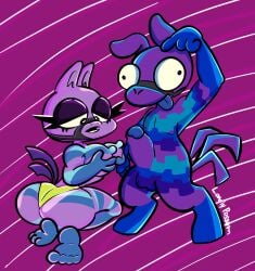 anthro avatar_(disambiguation) camelid cartoon chibi duo epic_games female fortnite furry hi_res llama male male/female mammal nsfw pinata purple skin