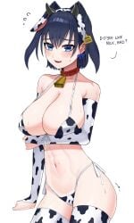 1girls absurdres animal_ears animal_print arm_under_breasts bell bikini blue_eyes blue_hair bow bow_earrings breasts cleavage collar cow_ears cow_ears_hairband cow_horns cow_print cow_print_bikini cow_print_gloves cow_print_thighhighs cowbell cowboy_shot ear_tag earrings english_text fake_animal_ears fake_horns female flying_sweatdrops front-tie_bikini furrowed_brow gloves hair_intakes hairband highres hololive hololive_english hololive_english_-council- hololive_english_-promise- horns jewelry large_breasts looking_at_viewer migokami navel neck_bell ouro_kronii print_bikini print_gloves print_thighhighs red_collar short_hair side-tie_bikini side-tie_bikini_bottom simple_background solo stomach strap_gap sweat swimsuit thighhighs virtual_youtuber white_background