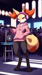 1girls 2025 ai_generated anthro black_body bottomless bottomless_female braixen club crowd digitigrade dj female female_only generation_6_pokemon headphones hi_res hoodie indoors inner_ear_fluff innie_pussy looking_at_viewer neon_lights nintendo orange_eyes orange_fur pokemon pokemon_(species) pussy smile white_fur yellow_fur