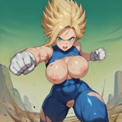 ai_generated blonde_hair blue_tights buff c.c.leah enigma_of_sepia female huge_breasts huge_thighs mobile_game muscular_female super_saiyan vespera vespera_(enigma_of_sepia)