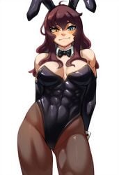 abs ai_generated blush bunny_ears bunnysuit cleavage clothed hips hismajestyii large_breasts looking_at_viewer novelai original playboy_bunny seiko_tanaka_(hismajestyii) smile smug smug_face smug_smile thighs toned toned_female wide_hips