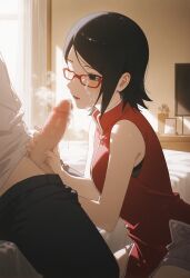 1boy 1girls 2d_(artwork) 2d_artwork age_difference ai_generated black_hair boruto:_naruto_next_generations clothed clothed_sex cock_worship comic_style father_and_daughter female handjob height_difference imminent_sex incest male male/female messy_hair naruto naruto_(series) penis sarada_uchiha sasuke_uchiha straight teenage_female teenager undressing