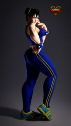 1girls 3d ass bare_arms bare_shoulders bracelet brown_eyes brown_hair capcom chun-li curvy female hairbun hips huge_ass jewelry legs shoes sneakers solo street_fighter thick_thighs thighs tied_hair unitard wide_hips
