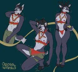 anthro bell belt bottomwear breasts christmas christmas_clothing christmas_decorations clothing deer female fur gender_transformation hair hi_res holidays horn kiri-anko looking_at_viewer male mammal mid_transformation new_world_deer nipples nude pants reindeer sequence simple_background solo species_transformation tail thong torn_bottomwear torn_clothing torn_pants transformation transformation_sequence underwear