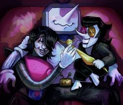 2025 3boys black_hair color colored deltarune deltarune_chapter_3 digital_drawing_(artwork) digital_media_(artwork) hi_res high_resolution highres male male/male male/male/male male_focus male_only mettaton mettaton_ex on_bed pointy_nose robot robot_humanoid size_difference spamton_g_spamton tenna_(deltarune) threesome tv tv_head undertale undertale_(series)