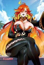 ai_generated crossed_legs curvy_female evilkuro05 genshin_impact hoyoverse huge_breasts looking_at_viewer massive_breasts mavuika_(genshin_impact) sexy sitting sun-shaped_pupils two_tone_hair very_long_hair voluptuous_female