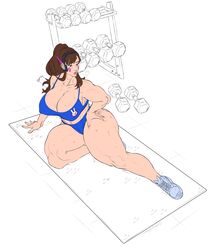 bare_shoulders breasts brown_eyes brown_hair busty cleavage curvy d.va edit female huge_breasts large_breasts muscles muscular muscular_female navel orangekissess overwatch ponytail solo sweat thick_thighs