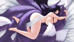 absurdres animal_ear_fluff animal_ears ass azur_lane barefoot between_legs breasts closed_mouth completely_nude covered_erect_nipples drooling facial_mark feet female fox_ears fox_girl fox_tail highres huge_breasts hugging_own_tail hugging_tail large_tail long_hair multiple_tails musashi_(azur_lane) nail_polish nude parted_lips purple_hair purple_nails signature sleeping soles solo tail tail_between_legs tail_censor thick_thighs thighs toenail_polish toenails toes very_long_hair wjy1347193