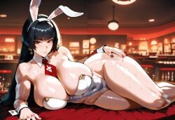 ai_assisted ai_generated astra_yao background bare_shoulders big_ass big_breasts black_hair bunny_ears bunnysuit detailed_background earrings fit_female hairband hand_on_hip high_resolution highres hoyoverse inviting light-skinned_female long_hair looking_at_viewer lying_on_side milf navel oiled plump red_eyes saiyunnart seductive seductive_look small_waist sweaty thick_ass thick_thighs thighs thighs_together tie waiting white_skinned_female zenless_zone_zero