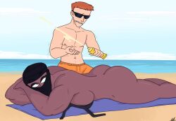 applying_sunscreen beach beach_towel black_bikini calderon_(hellonearthiii) female hellonearthiii masked masked_female muscle_girl muscles muscular muscular_female naked naked_female niqab nude nude_female pripyatory_(hellonearthiii) removed_clothing sunglasses sunscreen uzi_(hellonearthiii)