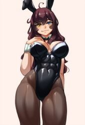 abs ai_generated blush bunny_ears bunnysuit cleavage clothed hips hismajestyii large_breasts looking_at_viewer novelai original playboy_bunny seiko_tanaka_(hismajestyii) smile smug smug_face smug_smile thighs toned toned_female wide_hips