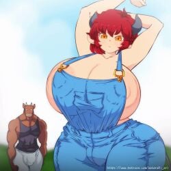 1boy 1girls amber_eyes animated anthro areolae becoming_erect big_breasts big_bulge big_penis big_thighs blue_overalls bouncing_breasts breasts_bigger_than_head bulge bulge_through_clothing button_pop cow_girl cow_humanoid cow_tail erect erection erection_under_clothes exposed_breasts getting_erect gif gigantic_breasts hataraki_ari horns huge_breasts huge_cock huge_nipples huge_thighs light-skinned_female light_skin muscular_anthro no_shirt overalls overalls_down pierced_ears popping_out pussy_visible_through_clothes red_hair shimomo short_hair straight stretching_arms topless topless_female wardrobe_malfunction wide_hips younger