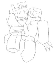 1x1x1x1 2boys blocky_body blush claws crown crumbz030 duo forsaken_(roblox) grin grinning hand_on_penis headwear jerking_off john_doe_(roblox) laying_back monochrome no_color penis_out roblox roblox_game robloxian sharp_teeth tagme