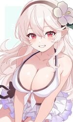 1girls bikini black_hairband blowing_kiss blush breasts cleavage corrin_(female)_(fire_emblem) corrin_(female)_(novice_vacationer)_(fire_emblem) corrin_(fire_emblem) corrin_(fire_emblem)_(female) female female_focus female_only fire_emblem fire_emblem_fates fire_emblem_heroes flower frilled_skirt front-tie_bikini grey_hair hair_between_eyes hair_flower hair_ornament hairband large_breasts long_hair looking_at_viewer midriff n_54 official_alternate_costume pointy_ears red_eyes smile solo swimsuit thighs white_bikini white_hair