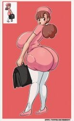 1girls fat_ass huge_ass huge_breasts lipstick looking_back malitagonna nintendo npc_trainer nurse nurse_(pokemon) nurse_cap nurse_outfit nurse_uniform pink_dress pokemon pokemon_bw ponytail red_lipstick