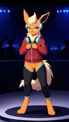 1girls 2025 ai_generated anthro blue_eyes club crowd dj eeveelution female female_only flareon generation_1_pokemon headphones hi_res hoodie innie_pussy mostly_clothed neon_lights nintendo orange_fur pokemon pokemon_(species) pussy smile thighhighs