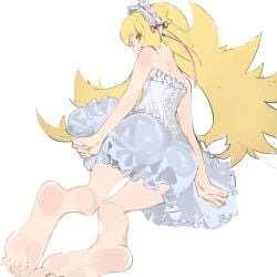 1girls 2d 2d_(artwork) 2d_artwork ass background blonde_hair clothed clothed_female feet feet_focus female female_focus monogatari_(series) oshino_shinobu pale-skinned_female pale_skin shishirui_san sole_female soles solo solo_female solo_focus white_background white_dress white_skin white_skinned_female