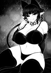 animal_ears bra breasts ginku_mh huge_breasts monochrome pointy_ears rin_kaenbyou sitting stockings tail thong touhou